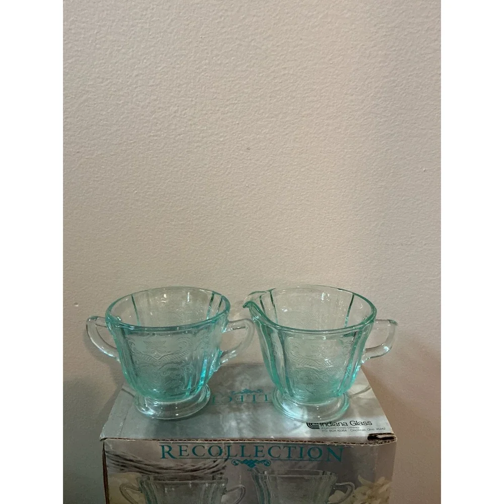 Indiana Glass Recollection Teal Madrid Cream and Sugar Set Vintage‎ Style USA